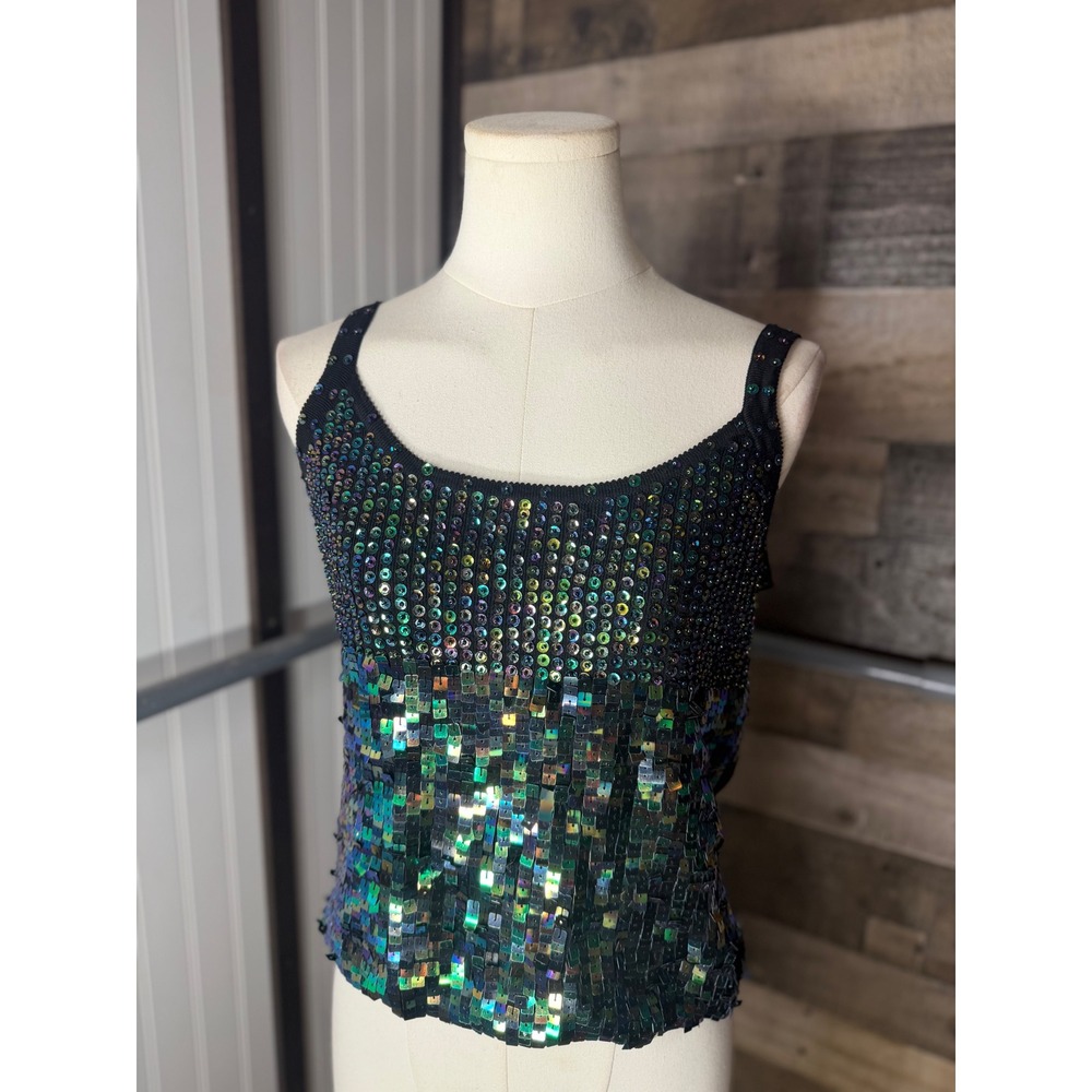Joseph A Silk Blend Iridescent Sequin Beaded Tank Top Black Small 198